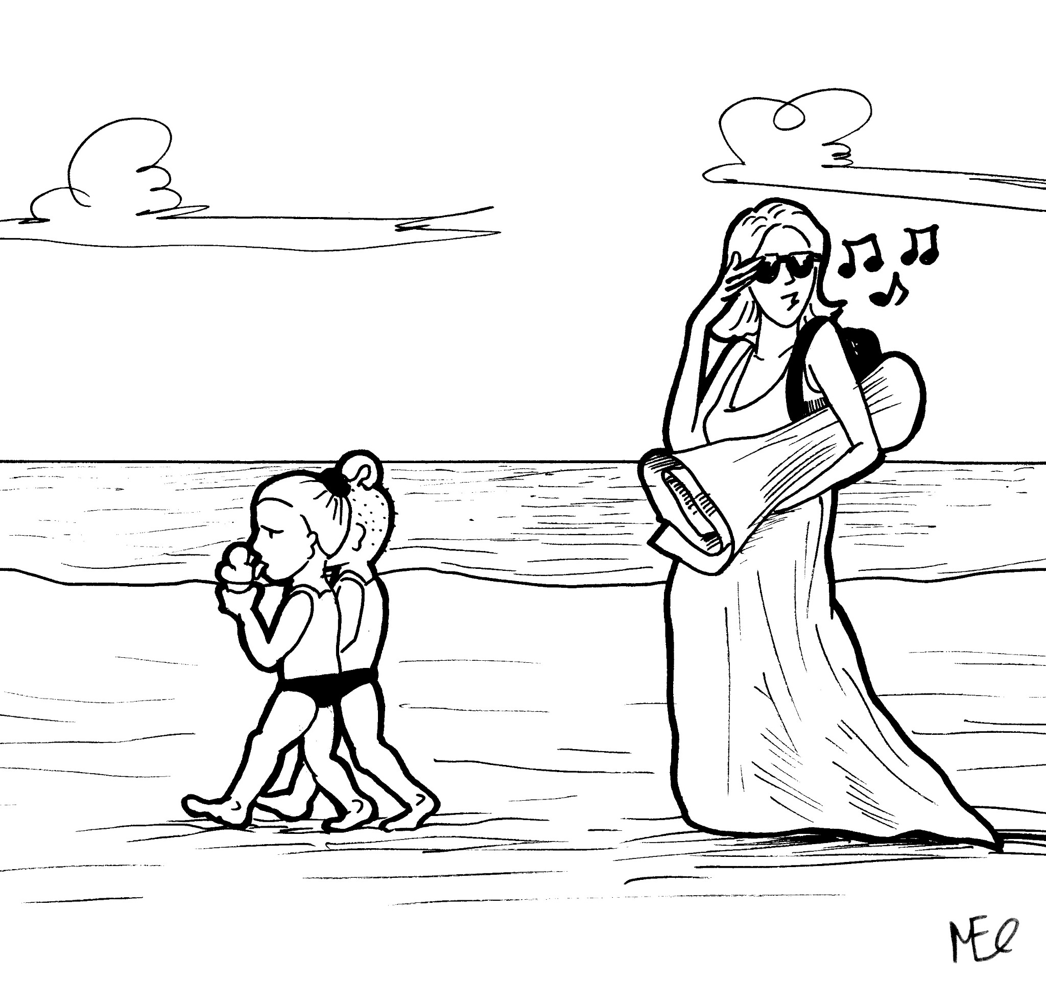 Czarno-biały komiks przedstawia kobietę w sukience i okularach przeciwsłonecznych, trzymającą zwinięty plakat lub baner na plaży, obok niej unoszą się nuty muzyczne, a w tle dwie dziewczynki...