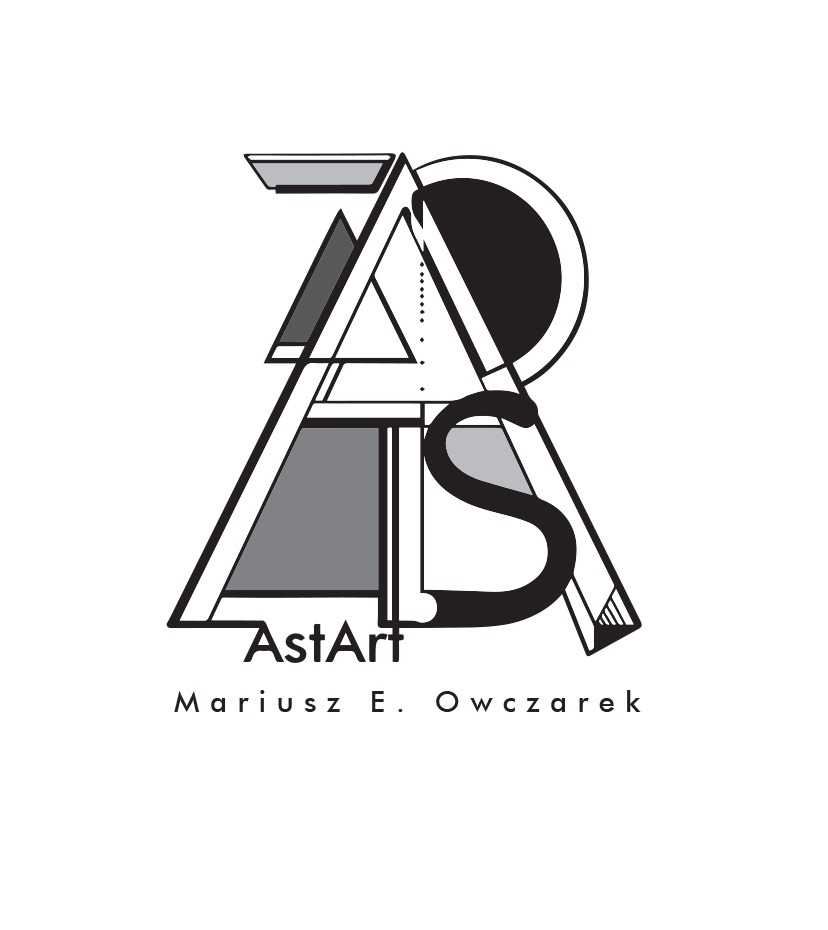 Abstrakcyjne logo firmy AstArt Mariusza E. Owczarka, wykorzystujące geometryczne kształty w odcieniach szarości i czerni.