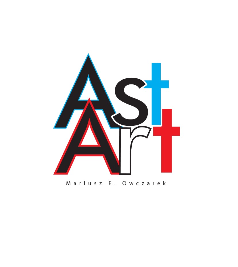 Abstrakcyjne logo firmy 'Ast Art' z literami A, S, t, A, r, t w kolorach niebieskim, czarnym i czerwonym, z nazwą właściciela 'Mariusz E. Owczarek' poniżej.