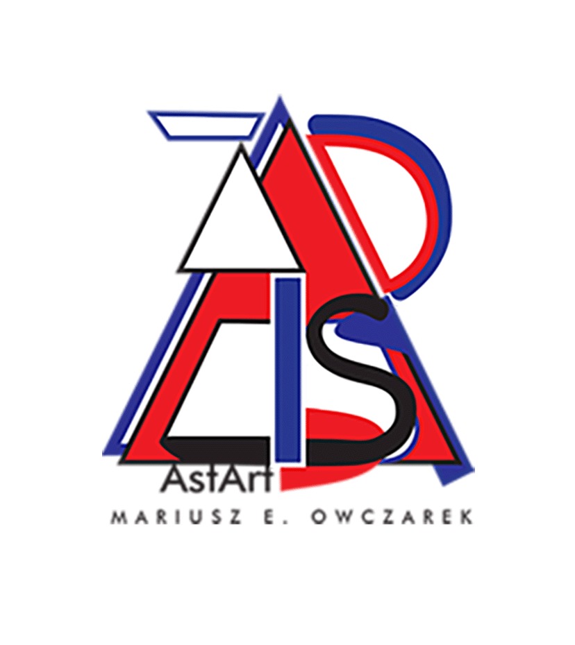 Abstrakcyjne logo firmy AstArt Mariusza E. Owczarka, złożone z geometrycznych kształtów w kolorach czerwonym, niebieskim, czarnym i białym.