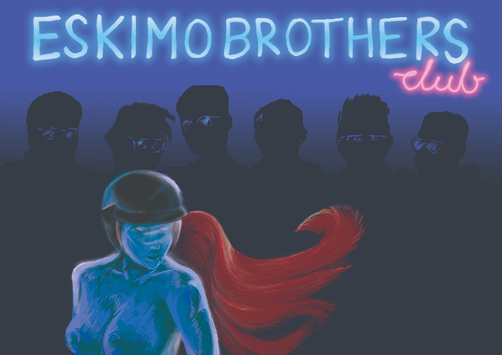 Ilustracja cyfrowa z neonowym napisem Eskimo Brothers Club, sylwetkami mężczyzn w okularach i niebieską postacią kobiety z czerwonymi włosami i czarnym hełmem.
