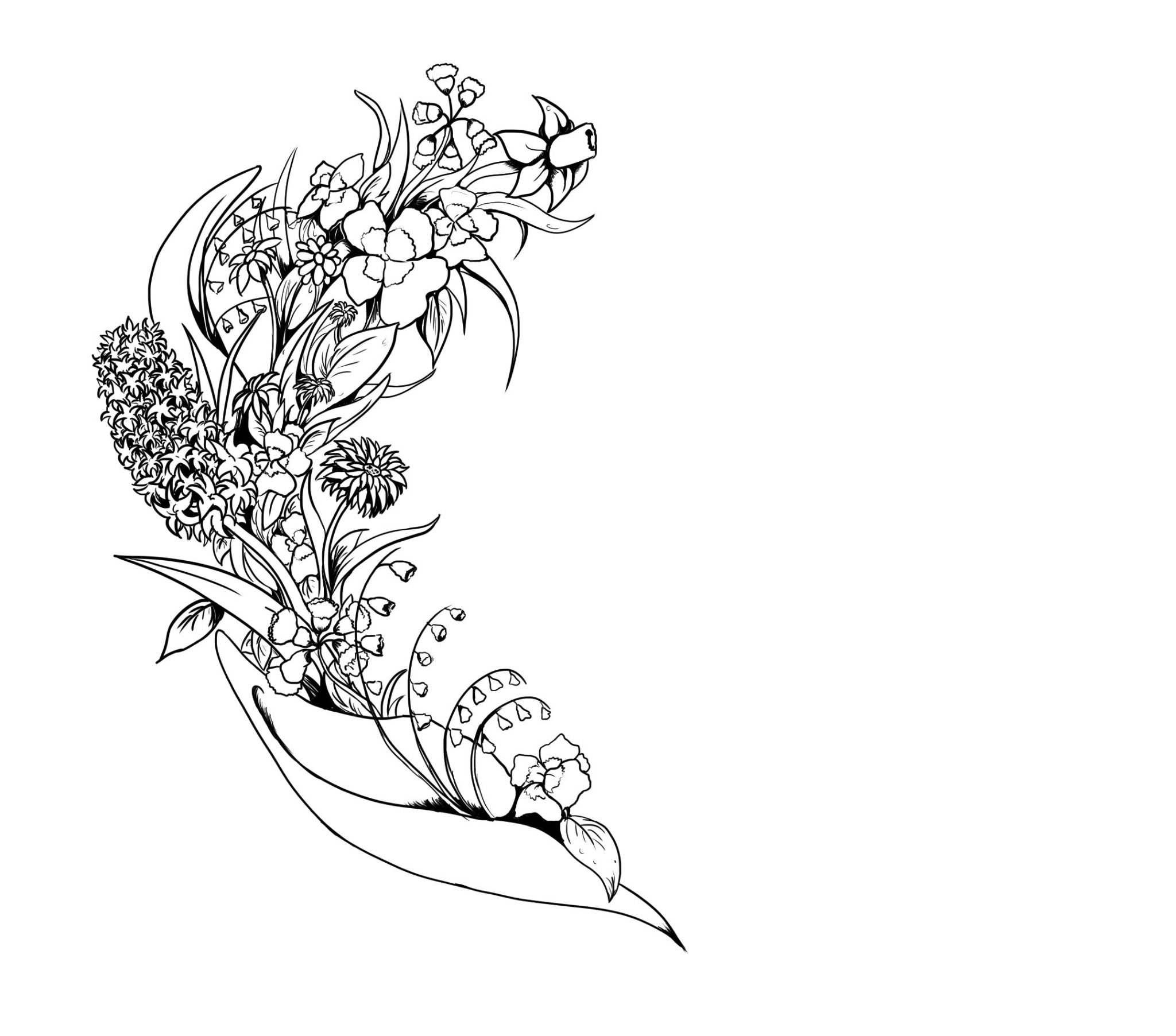 Czarno-biały lineart przedstawiający kompozycję różnych kwiatów, w tym konwalii, hiacyntu i innych, ułożonych w dekoracyjny łuk.