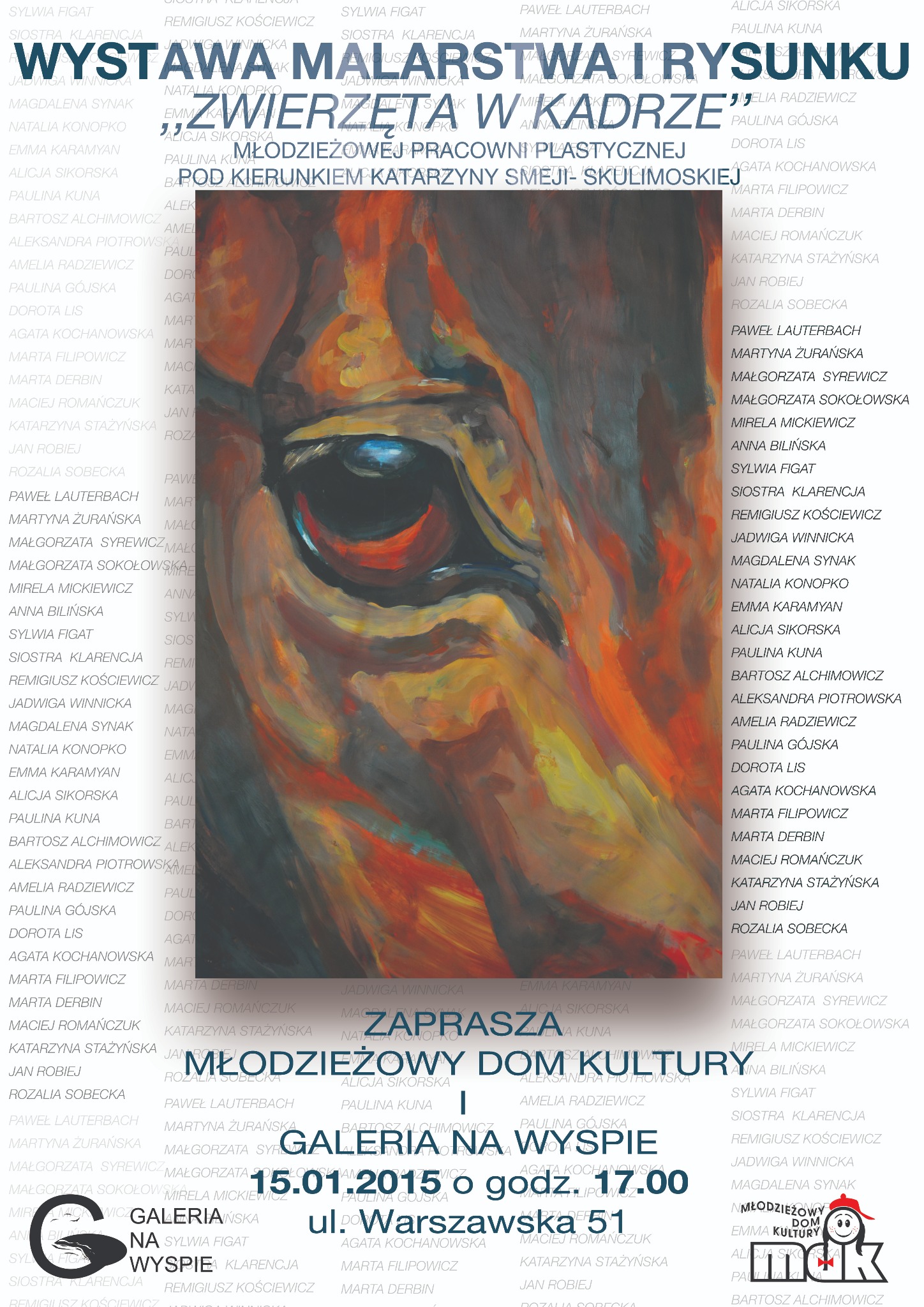 Plakat promujący wystawę malarstwa i rysunku 'Zwierzęta w kadrze', prezentujący zbliżenie na malarski portret lwa o intensywnych pomarańczowo-brązowych barwach, z listą nazwisk autorów...