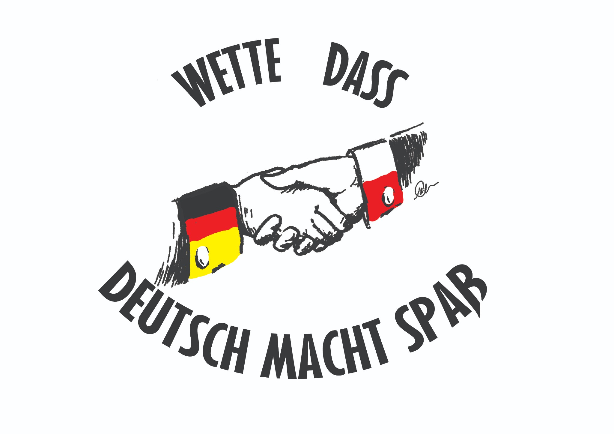 Ilustracja przedstawiająca uścisk dłoni z mankietami w barwach flagi Niemiec i Polski, z napisem 'Wette dass Deutsch macht Spab'
