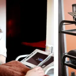 Klientka leżąca podczas zabiegu kosmetycznego z użyciem specjalistycznego urządzenia; kosmetyczka w białym uniformie wykonuje zabieg na twarzy, w tle widoczny sprzęt kosmetyczny na metalowym wózku.