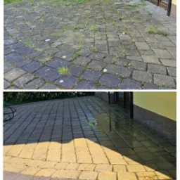 Porównanie kostki brukowej przed i po czyszczeniu: zarośnięta mchem i chwastami kontra odświeżona, z widocznym cieniem i mokrą powierzchnią.