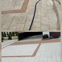 Agnieszka Impert - Kostka brukowa po czyszczeniu: widoczna różnica w kolorze, z ciemniejszego, zabrudzonego do jasnego, czystego. W tle brama garażowa i zieleń.