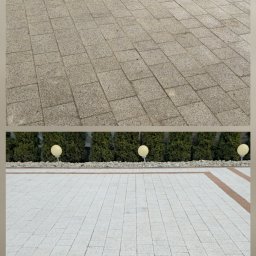 Agnieszka Impert - Porównanie kostki brukowej: górna część szara, zabrudzona, dolna część biała, czysta. W tle rząd tuj i lampy ogrodowe. Widok z góry, lekki kąt.