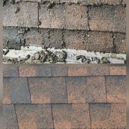 Agnieszka Impert - Zdjęcie dachu z gontu bitumicznego w układzie 'przed i po' czyszczeniu. Górna część pokryta mchem i zabrudzeniami, dolna część czysta, ukazująca oryginalny kolor.