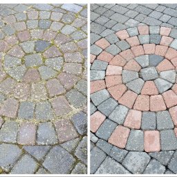 Agnieszka Impert - Efekt przed i po czyszczenia kostki brukowej ułożonej w okrągły wzór. Po lewej stronie brudna kostka, po prawej czysta, z odzyskanym kolorem.