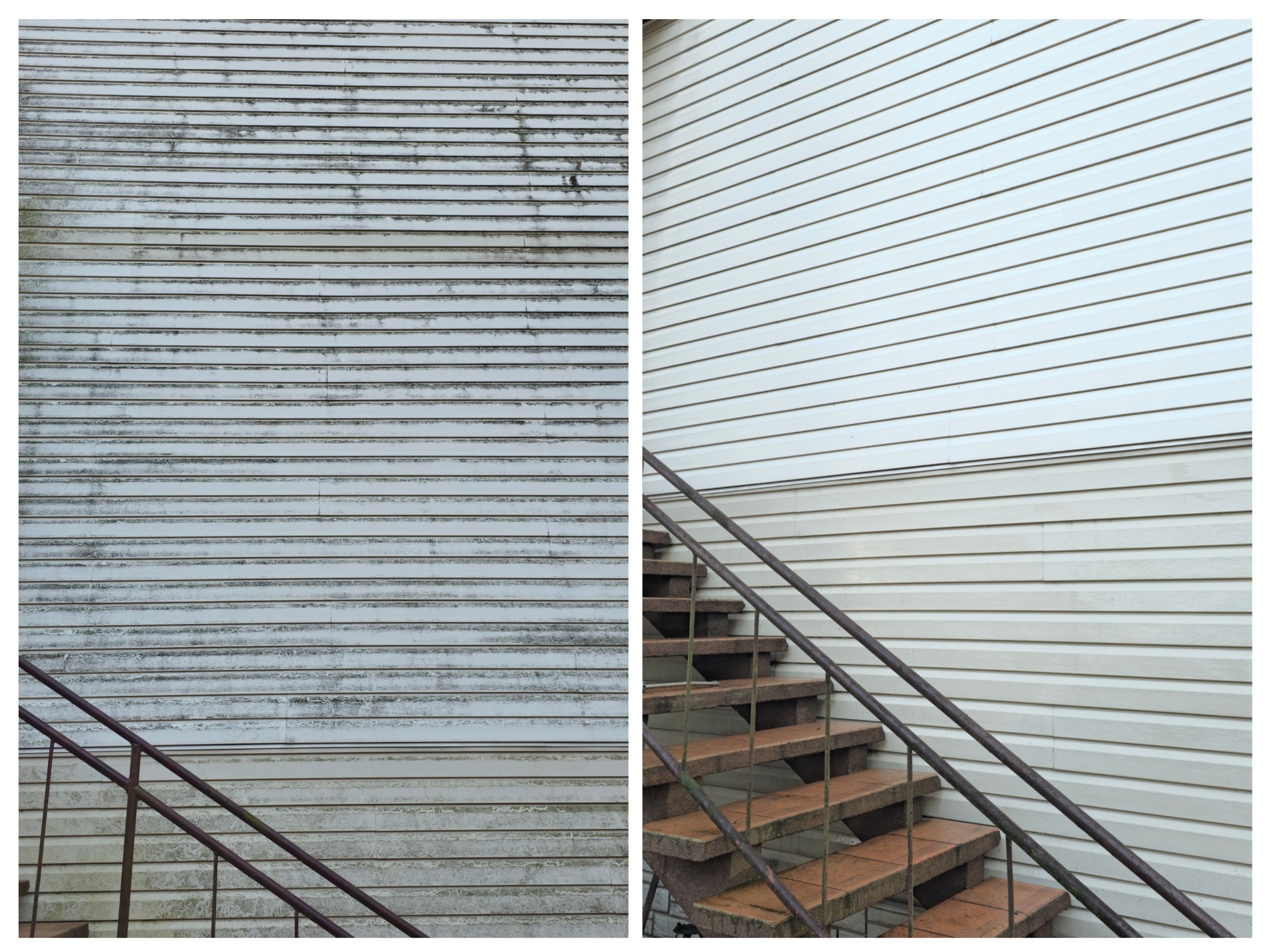 Porównanie elewacji przed i po czyszczeniu: po lewej brudna, szara elewacja z sidingu, po prawej czysta, jasna elewacja z sidingu, widoczne schody.