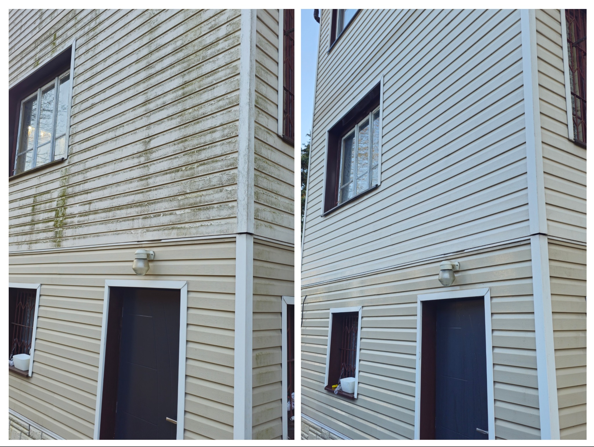 Porównanie elewacji budynku przed i po czyszczeniu, widoczne różnice w kolorze i czystości sidingu.