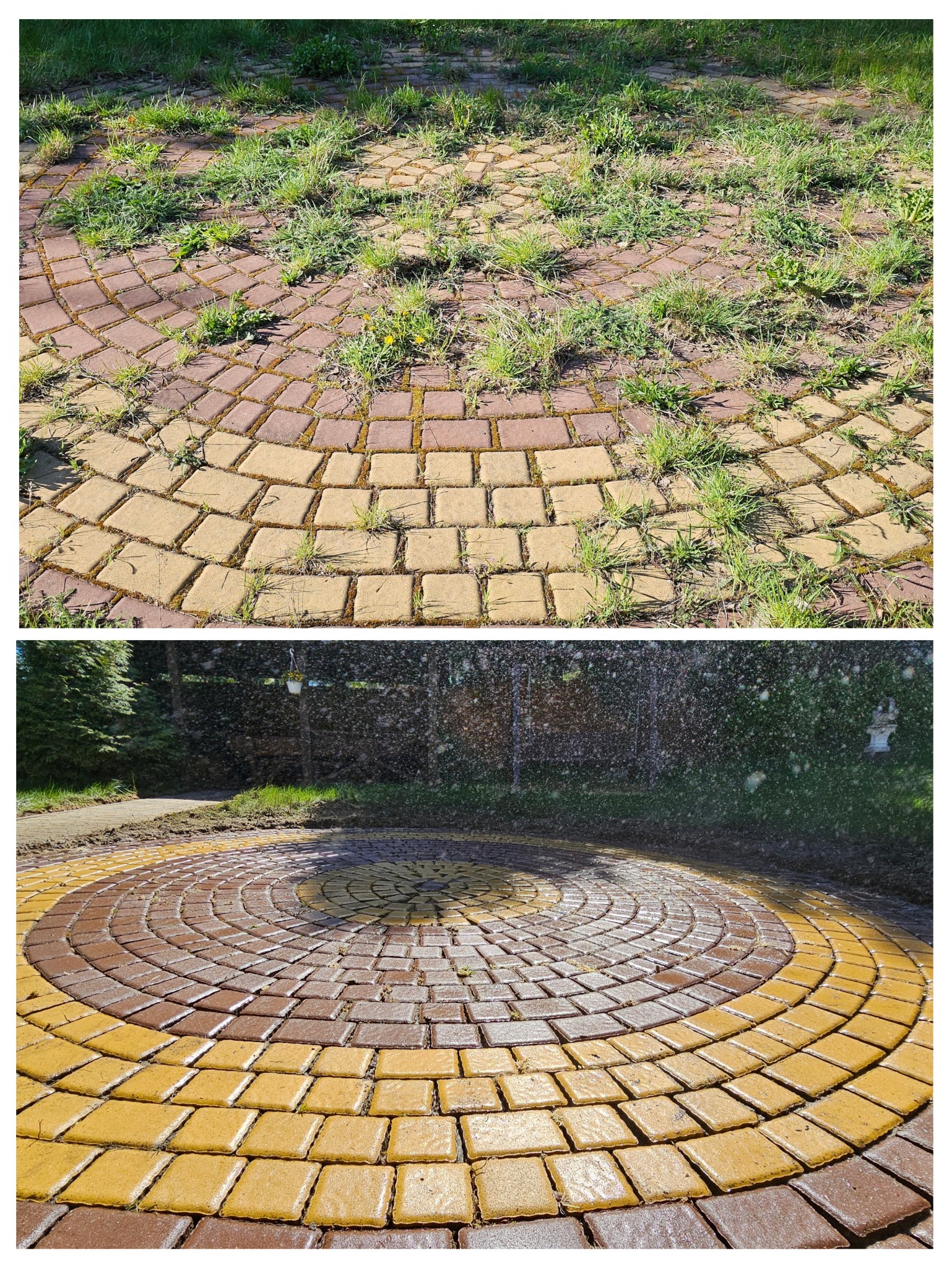Porównanie: kostka brukowa okrągła, zaniedbana z chwastami (góra) i wyczyszczona pod ciśnieniem (dół), z widocznymi strumieniami wody.