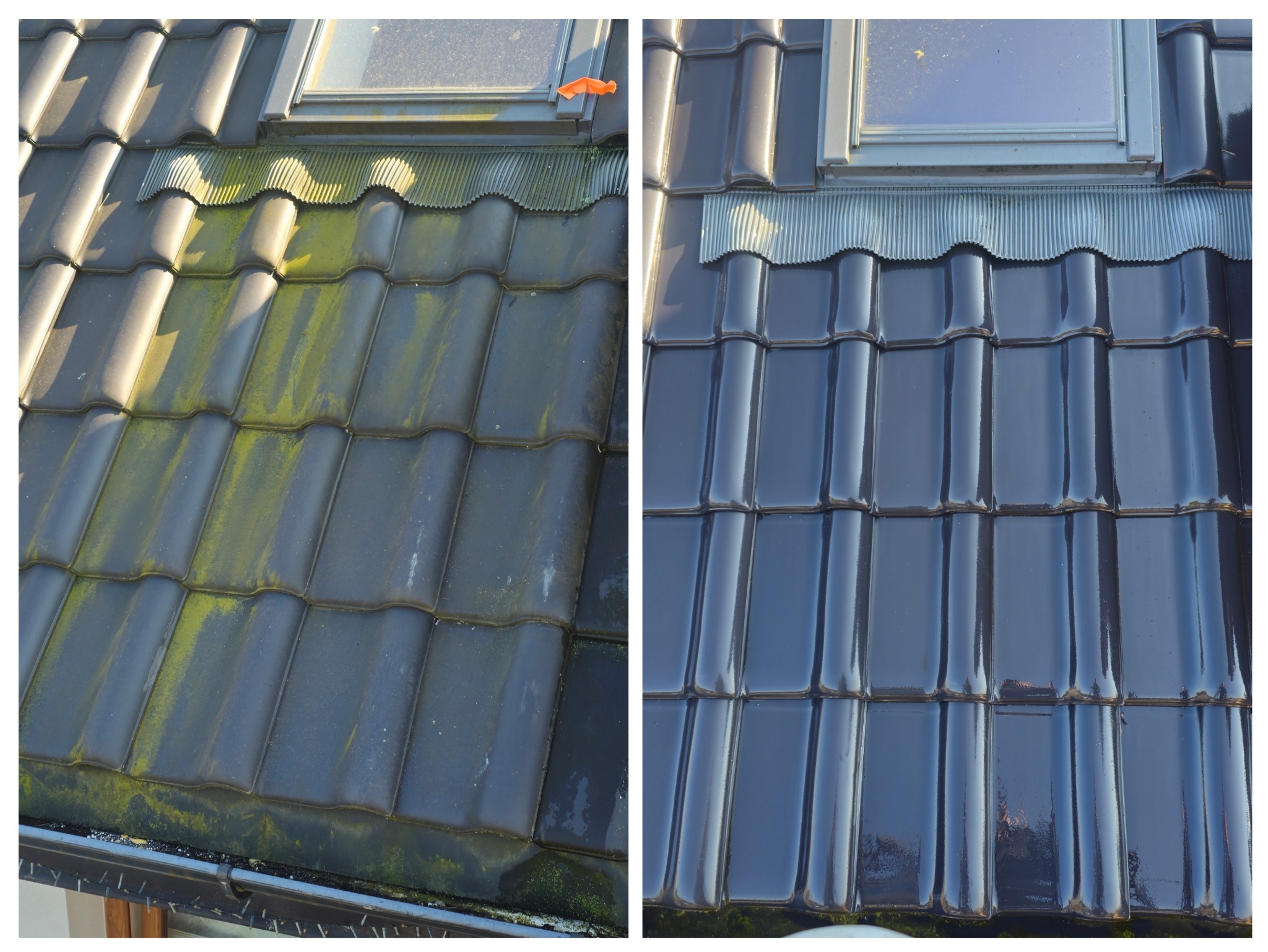 Porównanie dachu przed i po czyszczeniu: po lewej stronie widoczny mech i zabrudzenia, po prawej czysta, błyszcząca dachówka przy oknie dachowym.