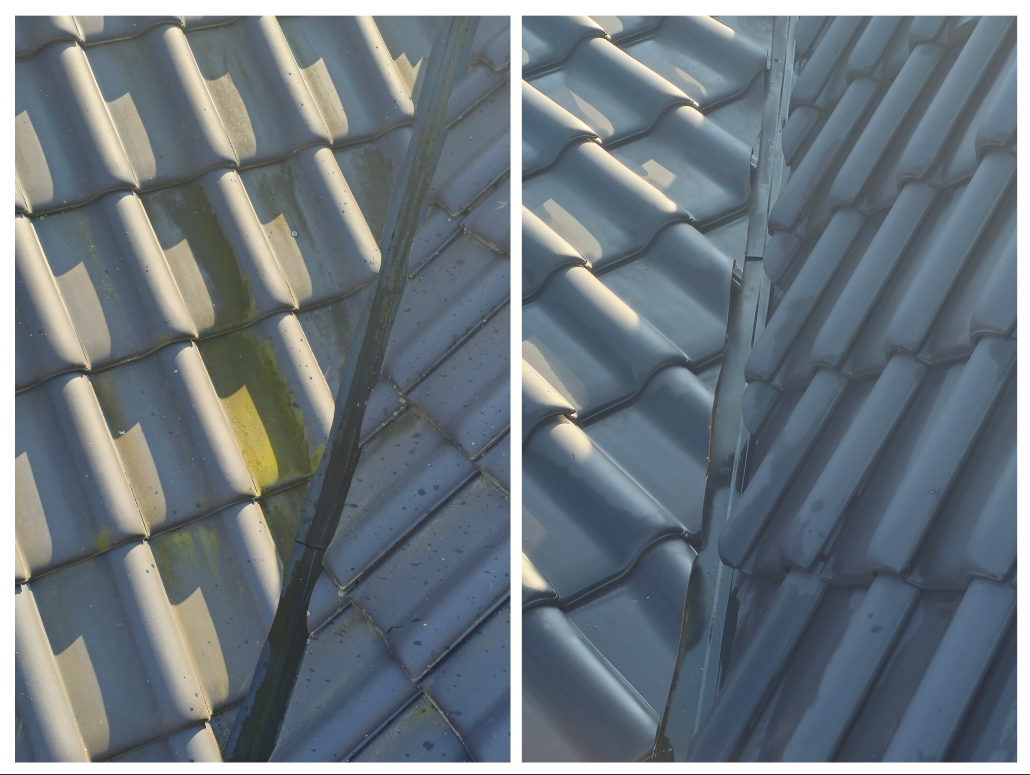 Dachówka ceramiczna przed i po czyszczeniu. Po lewej stronie widoczny mech i zabrudzenia, po prawej czysta, błyszcząca powierzchnia. Widok z góry, ostre światło.