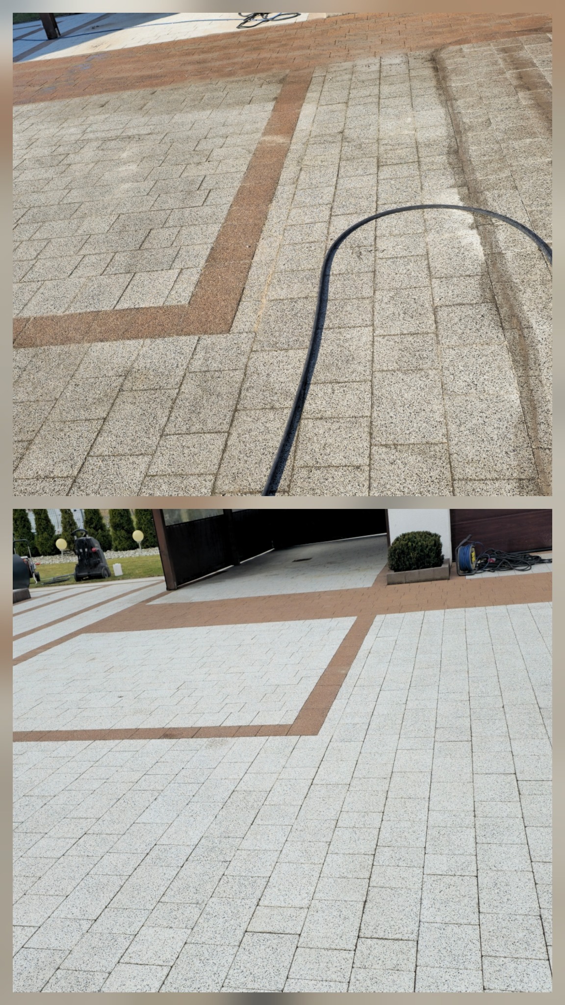 Kostka brukowa po czyszczeniu: widoczna różnica w kolorze, z ciemniejszego, zabrudzonego do jasnego, czystego. W tle brama garażowa i zieleń.