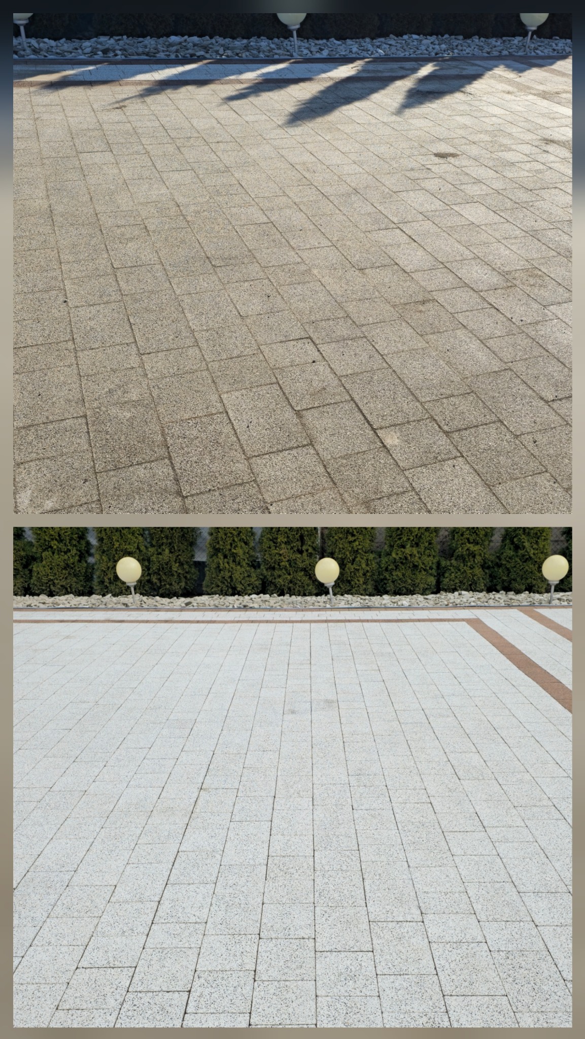 Porównanie kostki brukowej: górna część szara, zabrudzona, dolna część biała, czysta. W tle rząd tuj i lampy ogrodowe. Widok z góry, lekki kąt.