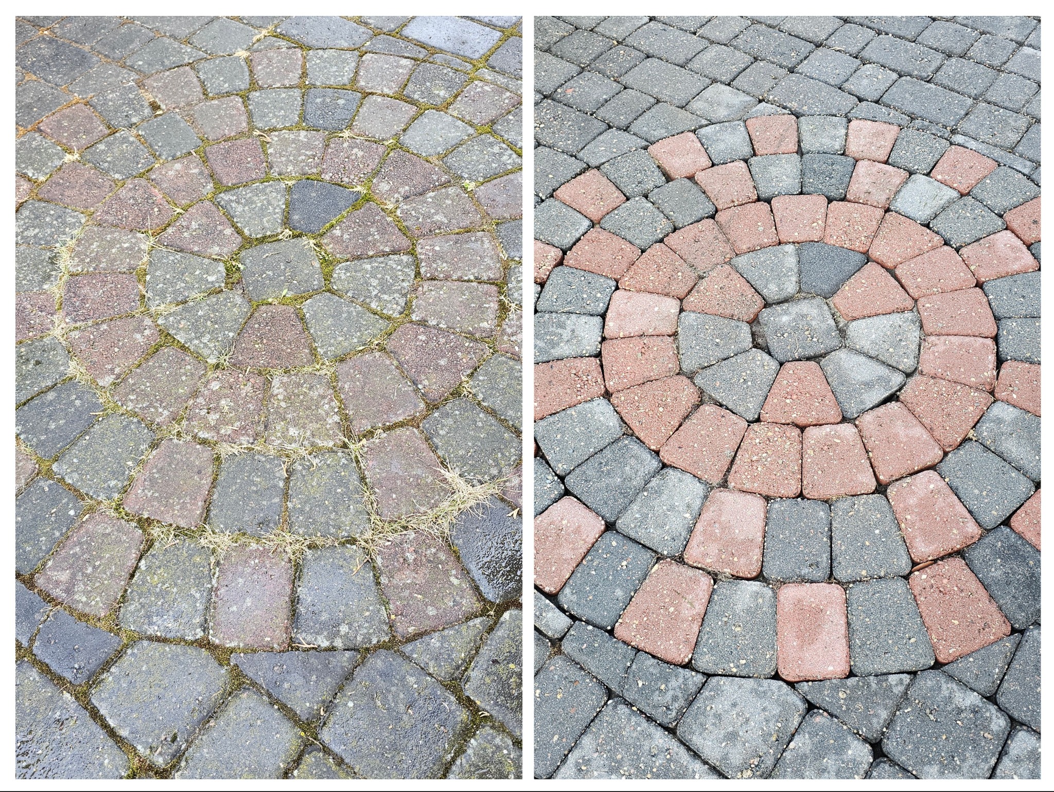 Efekt przed i po czyszczenia kostki brukowej ułożonej w okrągły wzór. Po lewej stronie brudna kostka, po prawej czysta, z odzyskanym kolorem.