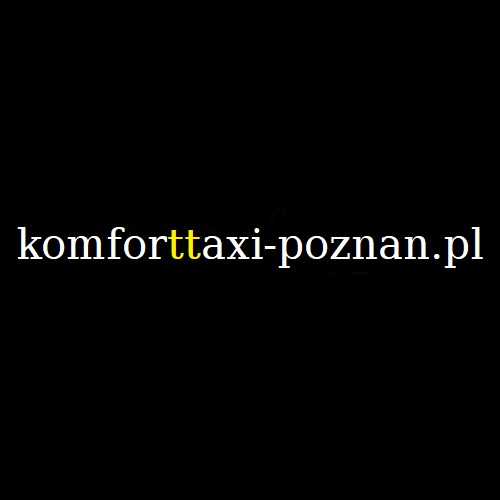 Czarny ekran z napisem 'komforttaxi-poznan.pl', gdzie litery 'tt' są wyróżnione kolorem żółtym.