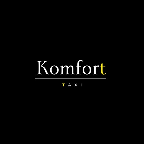 Logo firmy taksówkarskiej 'Komfort Taxi' na czarnym tle, z żółtym akcentem pod literą 't'.