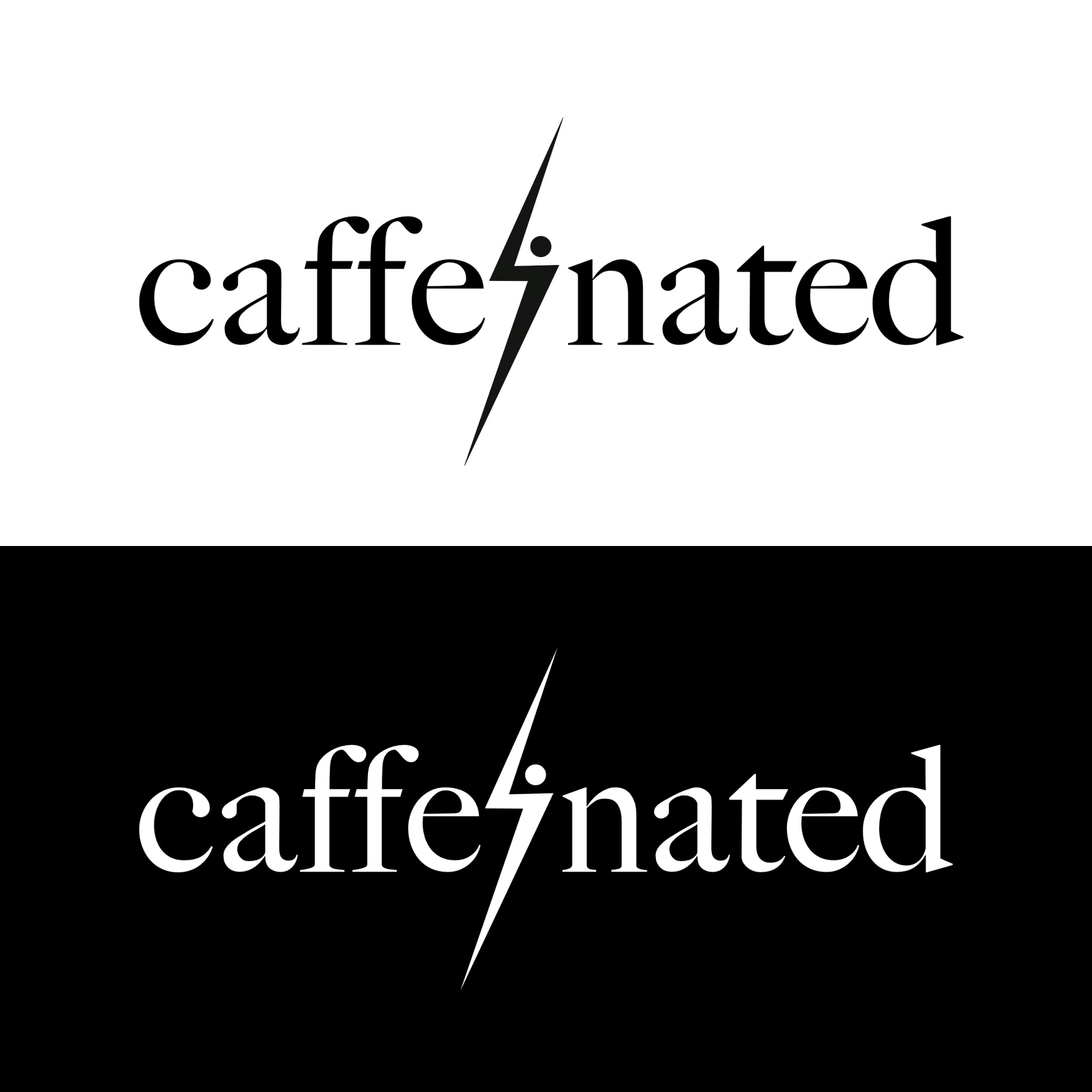 Logo 'caffeinated' z błyskawicą zamiast litery 'i', wariant czarno-biały i biało-czarny.