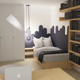 Wizualizacja sypialni w minimalistycznym stylu z łóżkiem, oryginalnym zagłówkiem w kształcie fal, regałem z książkami i biurkiem z laptopem Apple.