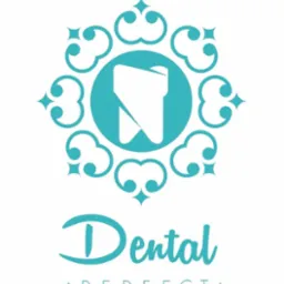 Turkusowe logo 'Dental Perfect' z zębem w okręgu otoczonym ornamentami na białym tle.