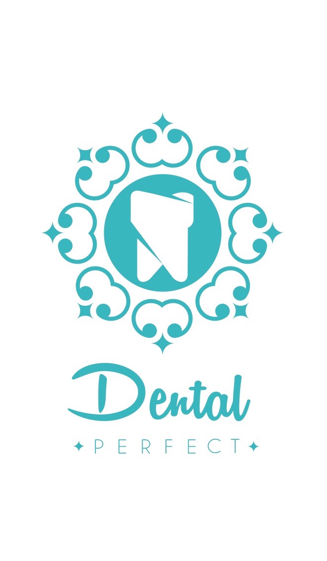 Turkusowe logo 'Dental Perfect' z zębem w okręgu otoczonym ornamentami na białym tle.