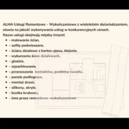 Tekst z ofertą usług remontowo-wykończeniowych firmy ALMA, wymieniający malowanie ścian, sufity podwieszane, ściany działowe z karton-gipsu i inne prace, wyświetlony na ekranie telefonu.