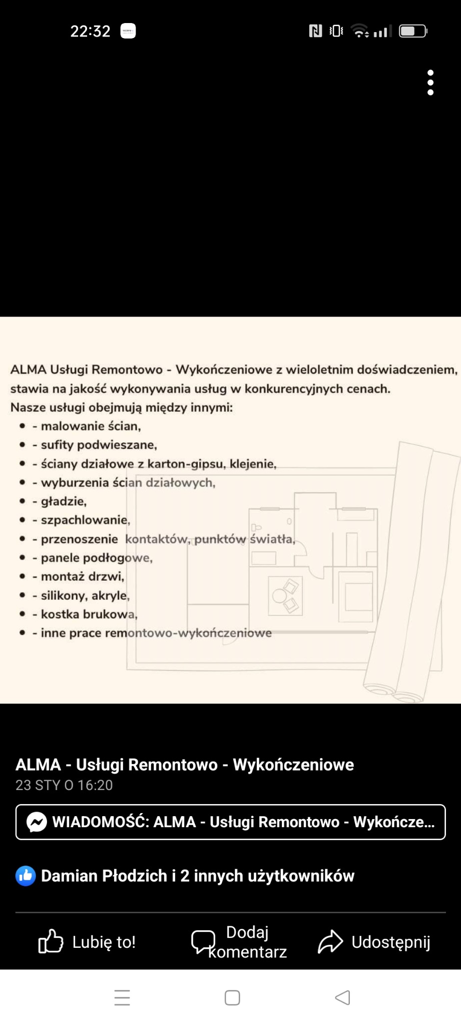 Tekst z ofertą usług remontowo-wykończeniowych firmy ALMA, wymieniający malowanie ścian, sufity podwieszane, ściany działowe z karton-gipsu i inne prace, wyświetlony na ekranie telefonu.