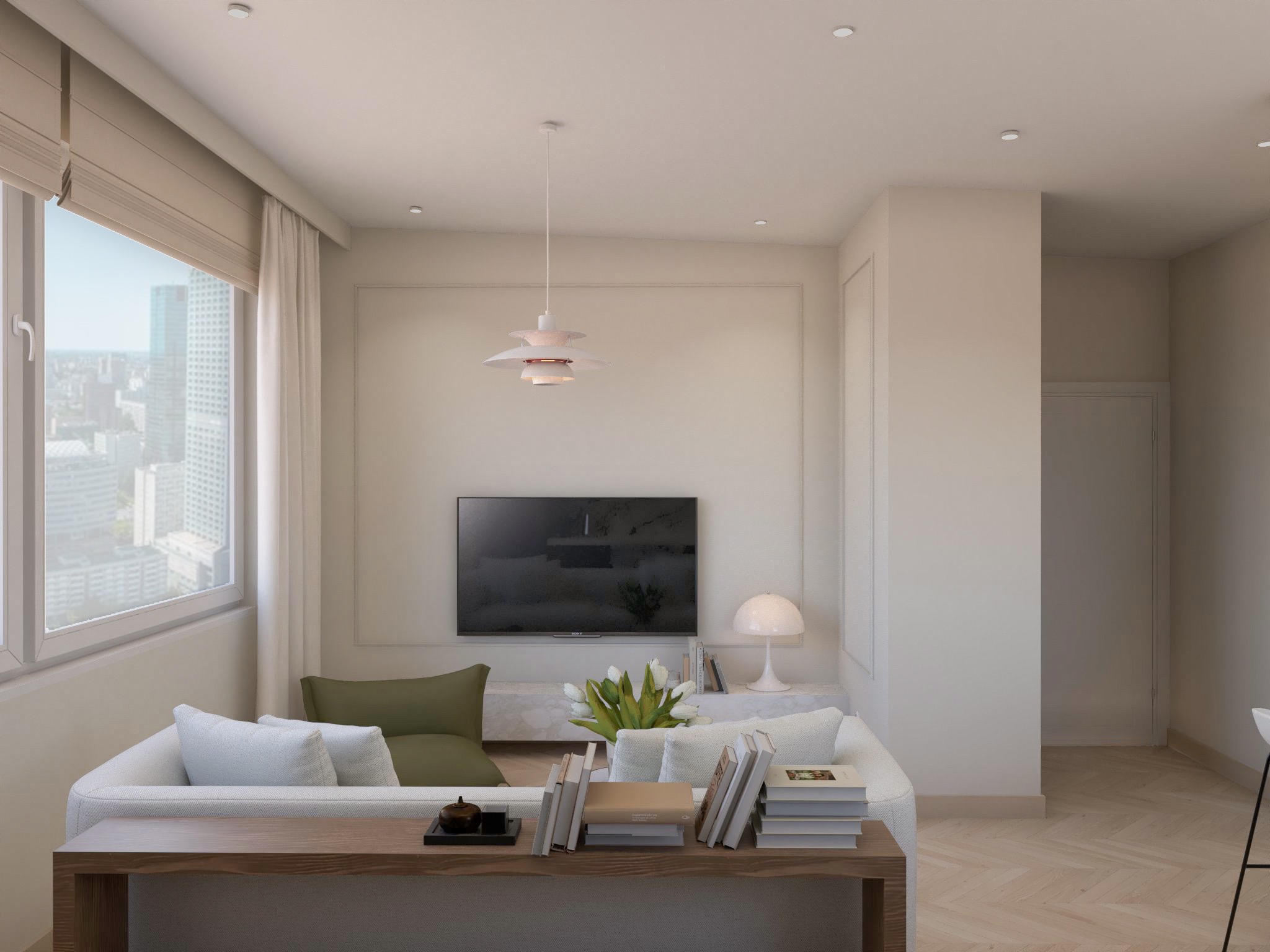 Jasne, przestronne wnętrze salonu z dużym oknem, widokiem na miasto, modernistyczną lampą wiszącą, telewizorem i drewnianym stolikiem kawowym z książkami i dekoracjami.