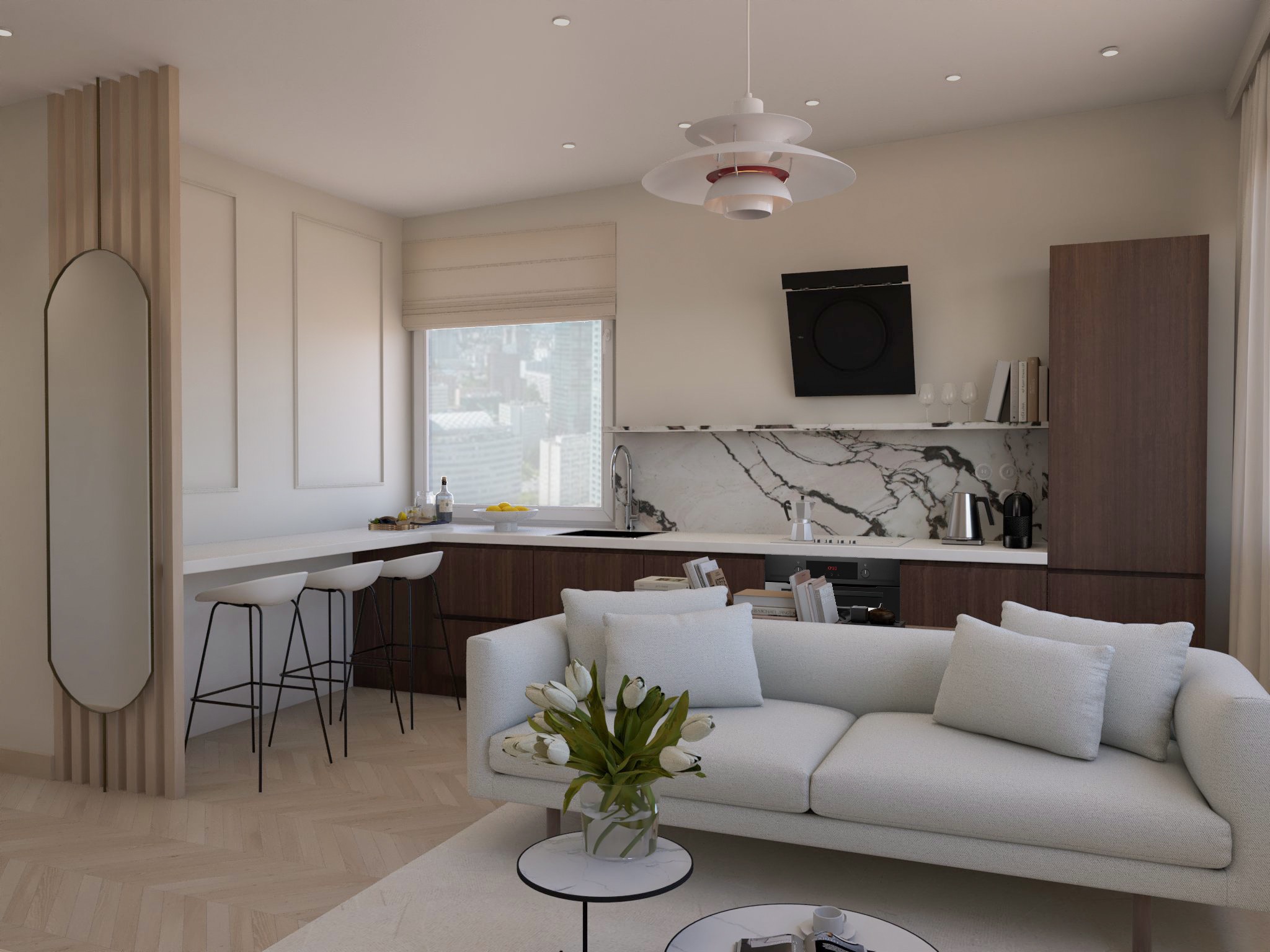Wnętrze mieszkania z aneksem kuchennym, białym narożnikiem i lampą wiszącą. Widok na miasto przez okno. Aranżacja w jasnych, neutralnych barwach.