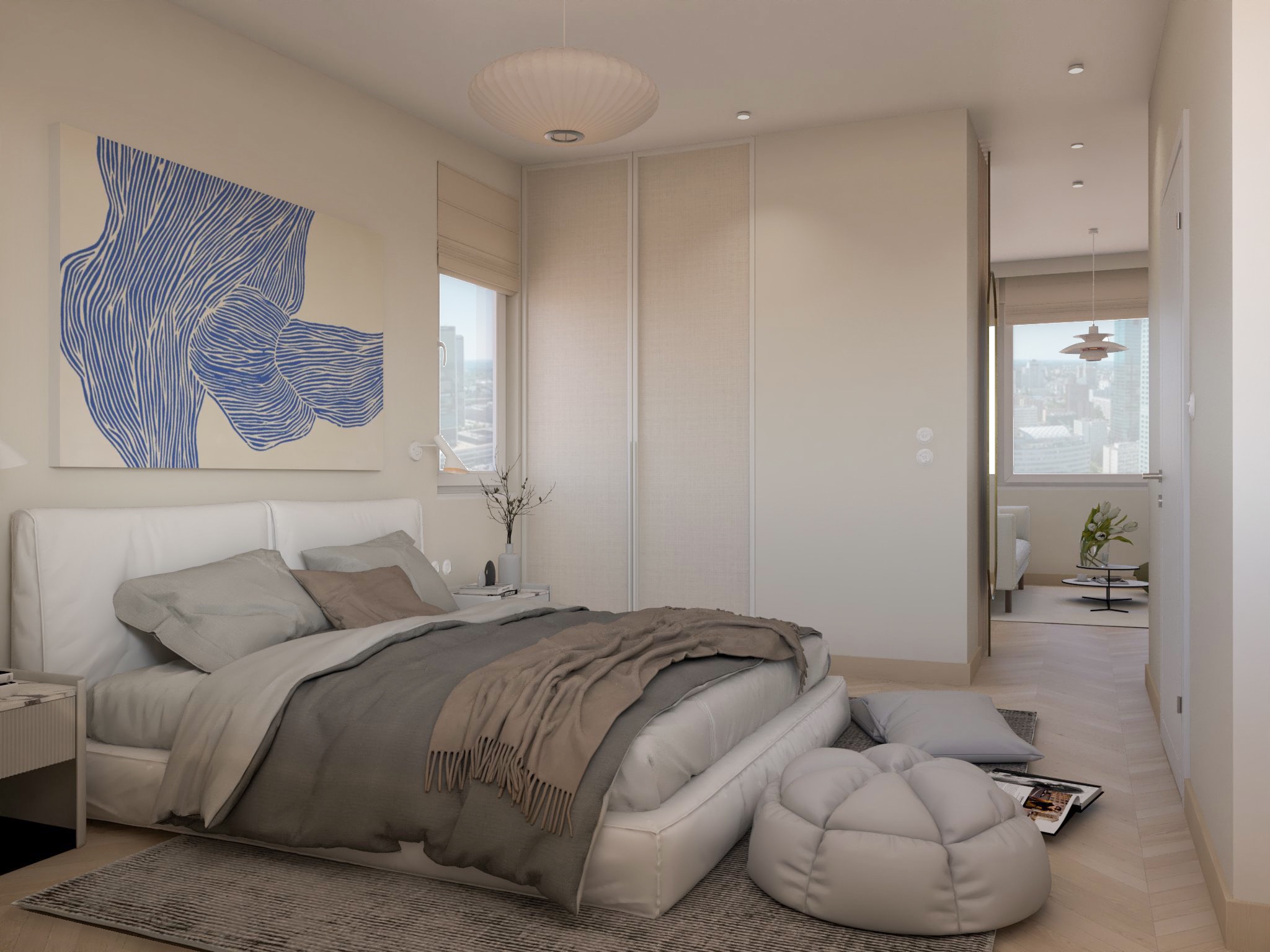 Jasna sypialnia w neutralnych barwach z dużym łóżkiem, abstrakcyjnym obrazem na ścianie i widokiem na miasto w oddali. Nowoczesne wnętrze mieszkania na sprzedaż.