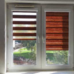 Problind Warszawa - Dwa okna z brązowymi roletami dzień noc, gitara klasyczna zawieszona na ścianie po lewej stronie, widok na park za oknem.