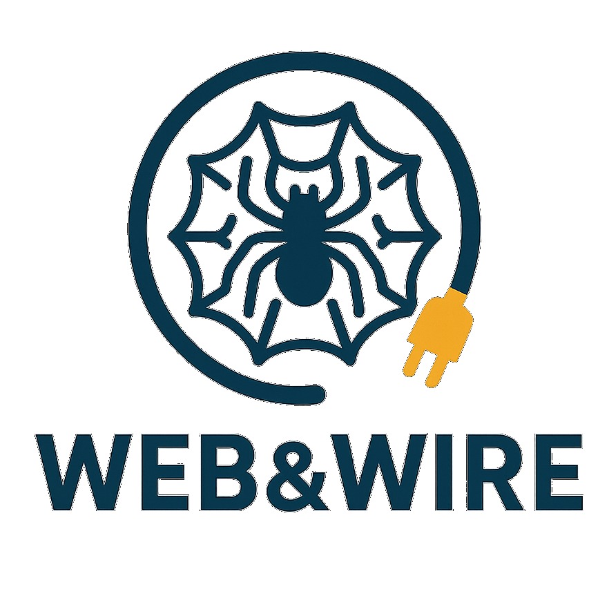 Logo firmy Web&Wire: pająk w sieci w okręgu z wtyczką, nazwa firmy w kolorze granatowym, symbolizujące połączenie usług internetowych i elektrycznych.