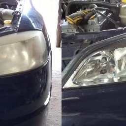 Autohaus Mar car Tomasz Zauer - Reflektor samochodowy przed i po renowacji w Bolesławcu, widoczne różnice w przejrzystości klosza.