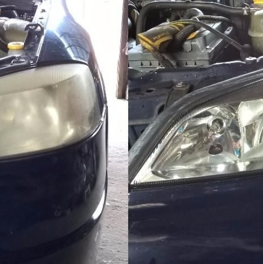 Reflektor samochodowy przed i po renowacji w Bolesławcu, widoczne różnice w przejrzystości klosza.