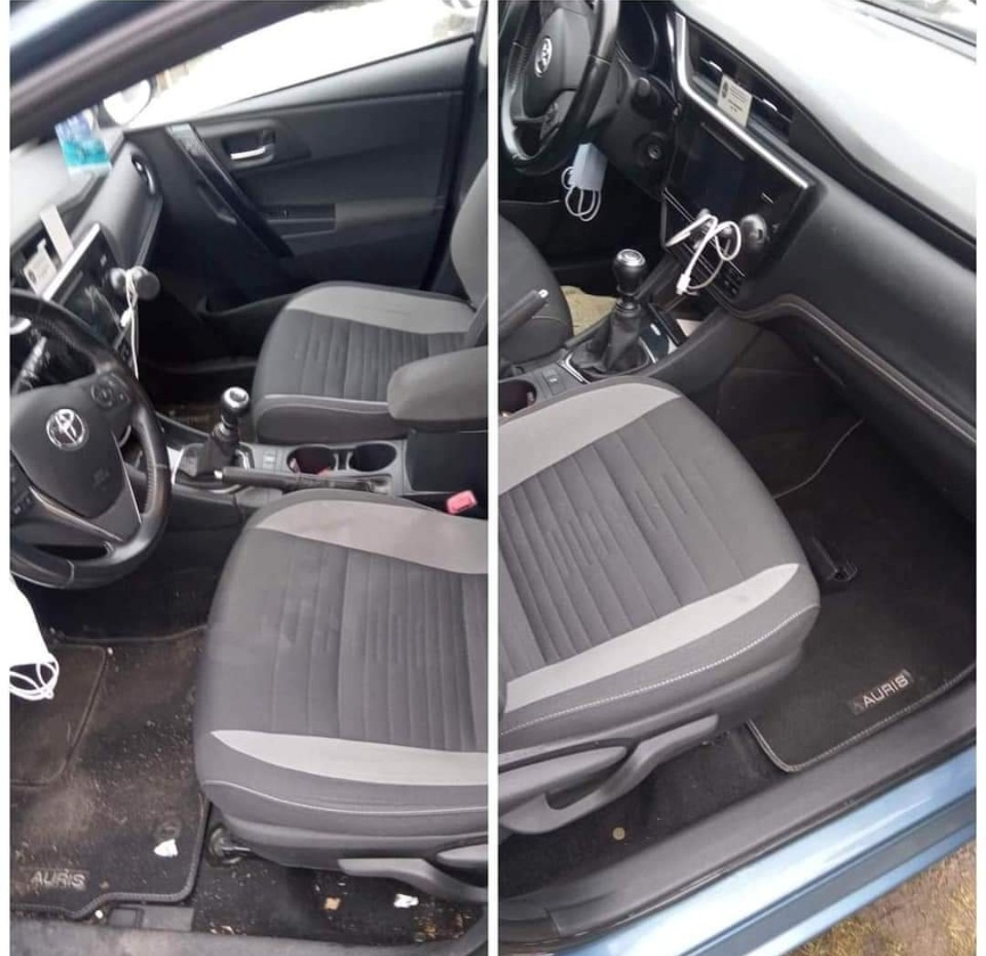 Wnętrze samochodu Toyota Auris przed i po czyszczeniu tapicerki, widoczne różnice w czystości siedzeń i dywaników.