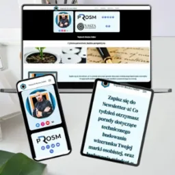 Prezentacja responsywnej strony internetowej na laptopie, telefonie i tablecie, wyświetlającej logo i treści newslettera Wojciecha Oleszko Online.