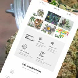 Zdjęcie strony internetowej prezentującej produkty konopne: susze, kosmetyki, herbaty, shoty, oleje i żelki, z informacjami o legalności, jakości i właściwościach medycznych.