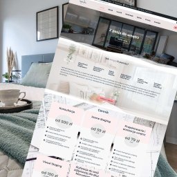 Prosm - strony internetowe Wrocław - Ekran laptopa wyświetlający stronę internetową firmy zajmującej się projektowaniem wnętrz, widoczny fragment sypialni z łóżkiem, filiżanką i dekoracjami w tle.