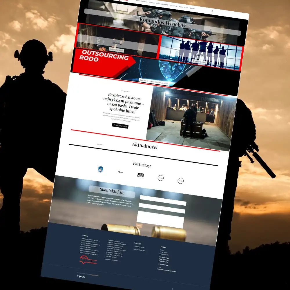 Strona internetowa firmy Komandos Wrocław, specjalizującej się w szkoleniach taktycznych i strzeleckich, z sylwetkami żołnierzy na tle zachodzącego słońca. Elementy strony obejmują sekcje...