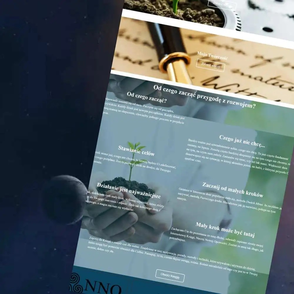 Fragment strony internetowej z motywacyjnym tekstem, długopis na tle rozmytego tekstu, u góry doniczka z małą roślinką