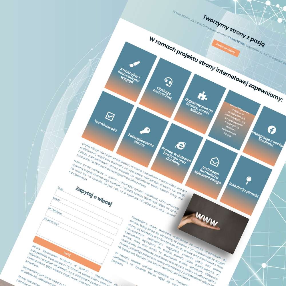 Infografika prezentująca ofertę tworzenia stron internetowych z naciskiem na atrakcyjny wygląd, obsługę techniczną, terminowość, bezpieczeństwo, dopasowanie do marki, integrację z social mediami...
