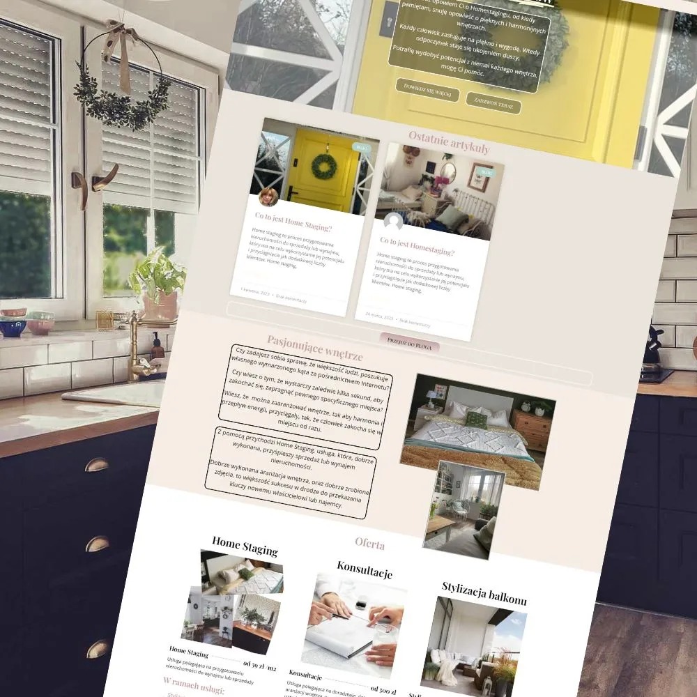Fragment strony internetowej z artykułami o home stagingu, ofertami konsultacji i stylizacji balkonów, wyświetlany na ekranie komputera.