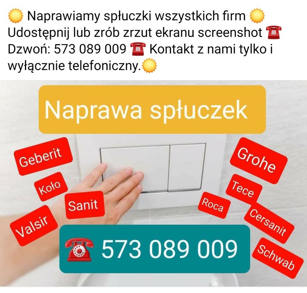 Grafika reklamowa z numerem telefonu i informacją o naprawie spłuczek, zawierająca logotypy różnych producentów armatury sanitarnych, takich jak Geberit, Koło, Valsir, Sanit, Roca, Grohe, Tece...