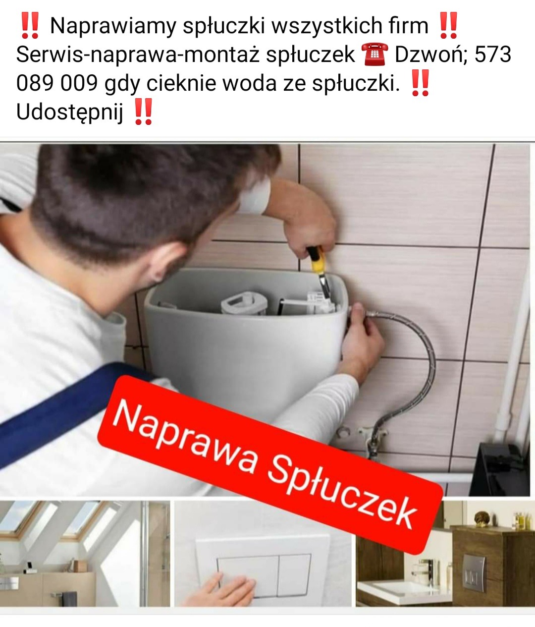 Hydraulik naprawia spłuczkę toalety, widoczna biała ceramika i narzędzia, w tle kafelki oraz dodatkowe zdjęcia aranżacji łazienek i przycisku spłuczki.