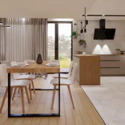 Wizualizacja wnętrza: jadalnia z drewnianym stołem, białymi krzesłami, szarą sofą w tle i otwartą kuchnią z wyspą, oświetlenie punktowe i wiszące lampy.