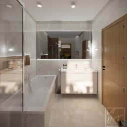 Just Design Justyna Staniszewska - Wizualizacja łazienki w Bielanach Wrocławskich z wanną, umywalką z szafką w kolorze białym oraz lustrem z podświetleniem LED, odbijającym fragment prysznica i okna.