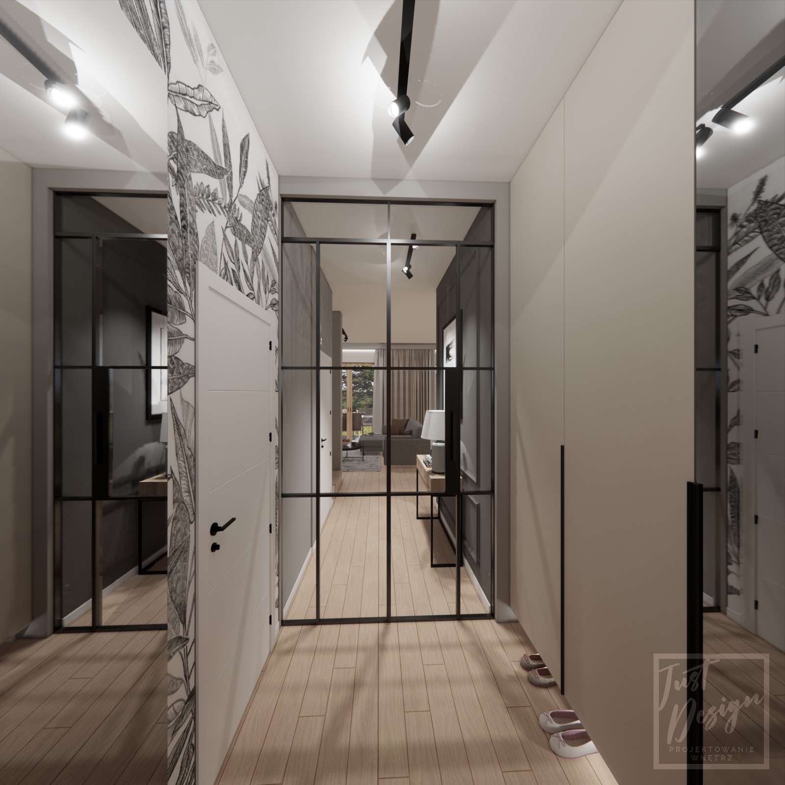 Korytarz z drewnianą podłogą, tapetą w liście i przeszklonymi ścianami w metalowych ramach, widok na salon z sofą i lampą, buty przy szafie.